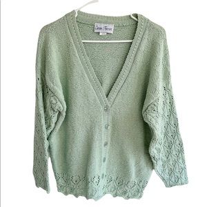 Vintage Mint Green Crochet Knit Textured Button Down Cardigan Size Medium